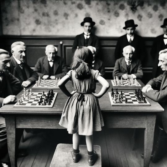 A.I. generated image of a girl challenging a group of old men to a chess battle.